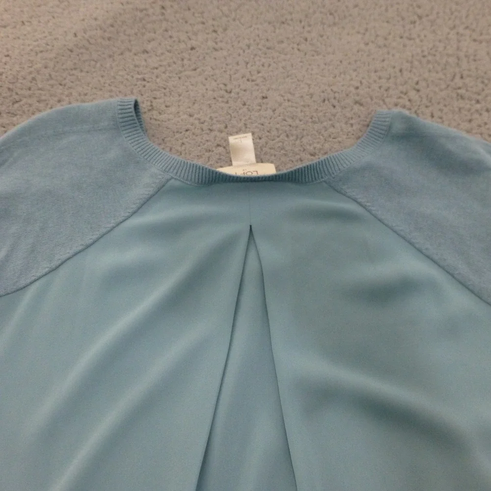 LOFT Sweater Top Womens Large Light Blue Mixed Media V-Neck High Low Back Pleat